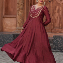 Women's Vichitra Silk Embroidered Kurta Palazzo & Dupatta Set