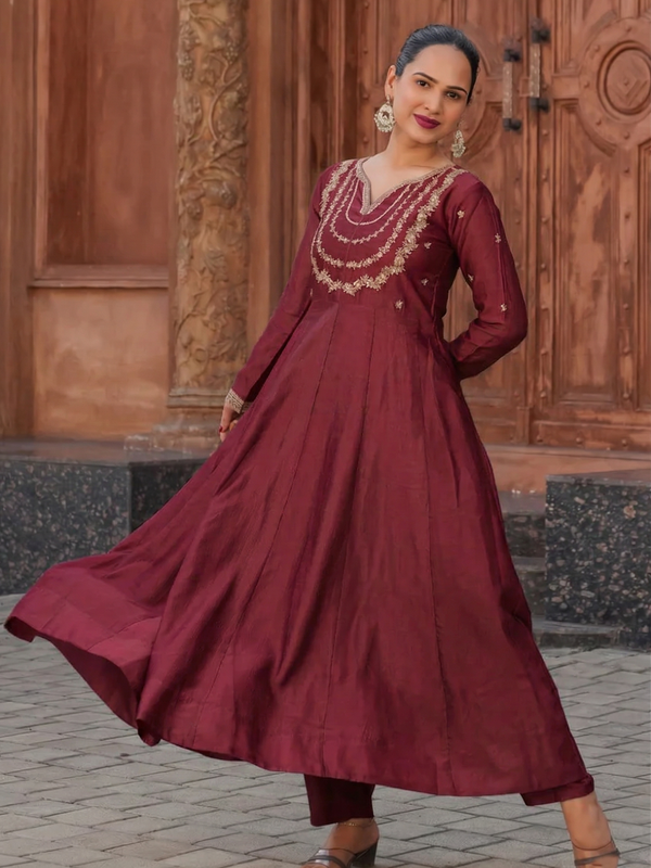 Women's Vichitra Silk Embroidered Kurta Palazzo & Dupatta Set