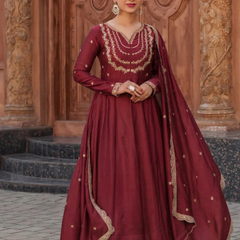 Women's Vichitra Silk Embroidered Kurta Palazzo & Dupatta Set