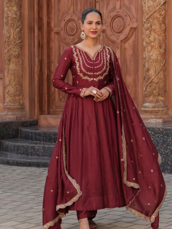 Women's Vichitra Silk Embroidered Kurta Palazzo & Dupatta Set