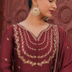 Women's Vichitra Silk Embroidered Kurta Palazzo & Dupatta Set