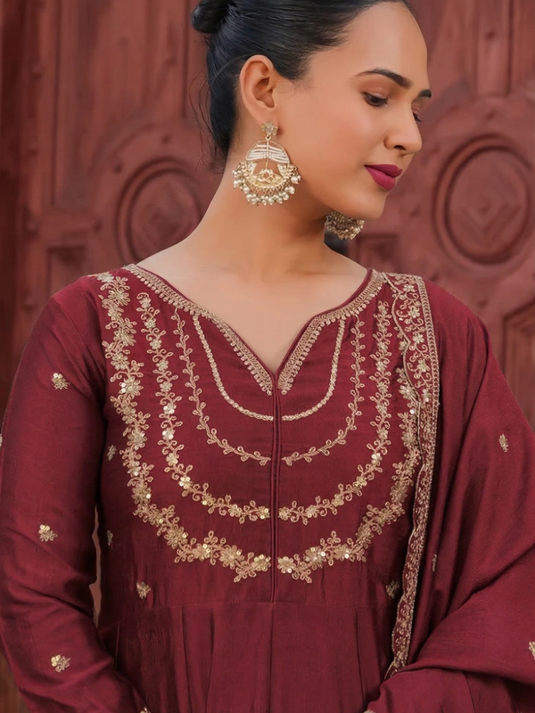 Women's Vichitra Silk Embroidered Kurta Palazzo & Dupatta Set
