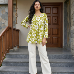 Women’s White-Parrot Cotton Printed Flared Kurti