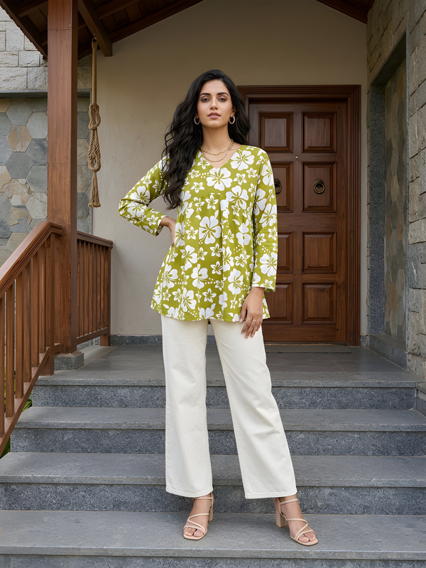 Women’s White-Parrot Cotton Printed Flared Kurti
