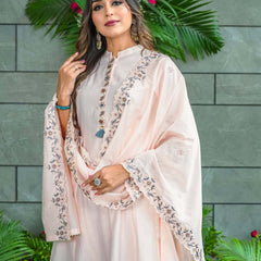 Women’s Muslin Cotton Embroidered Flared Kurta with Bottom & Dupatta Set