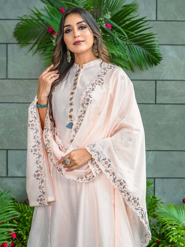 Women’s Muslin Cotton Embroidered Flared Kurta with Bottom & Dupatta Set