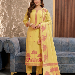 Women's Pure Cotton Jacquard Kurta With Pant & Cotton Dupatta Set