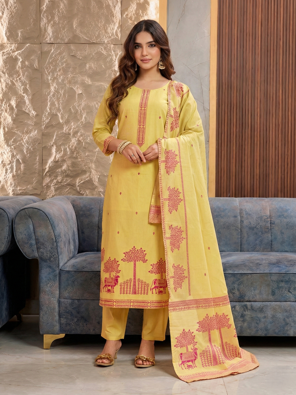 Women's Pure Cotton Jacquard Kurta With Pant & Cotton Dupatta Set