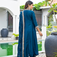 Women's Vichitra Silk Embroidered Kurta Pant Dupatta Set