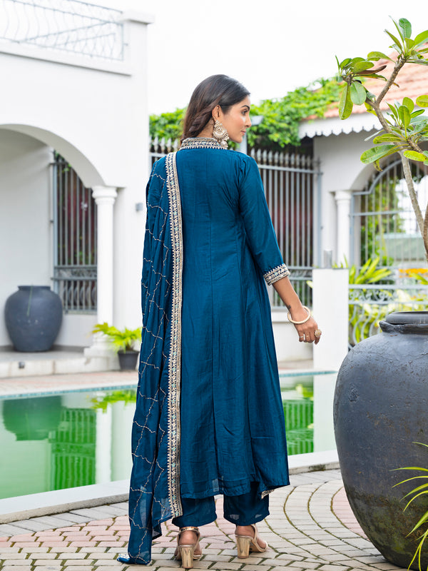 Women's Vichitra Silk Embroidered Kurta Pant Dupatta Set