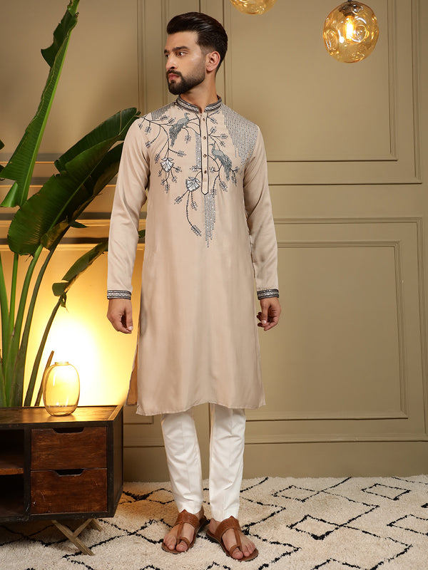 Men’s Viscose Silk Embroidered Kurta with Semi Cotton Chudidar