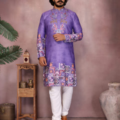 Men’s Heavy Khadi Cotton Printed Kurta with Embroidered Neck & Pyjama