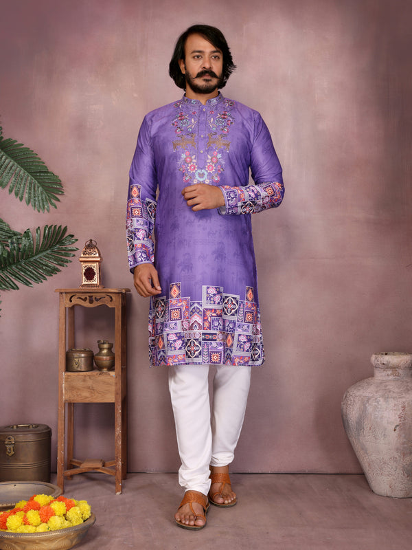 Men’s Heavy Khadi Cotton Printed Kurta with Embroidered Neck & Pyjama