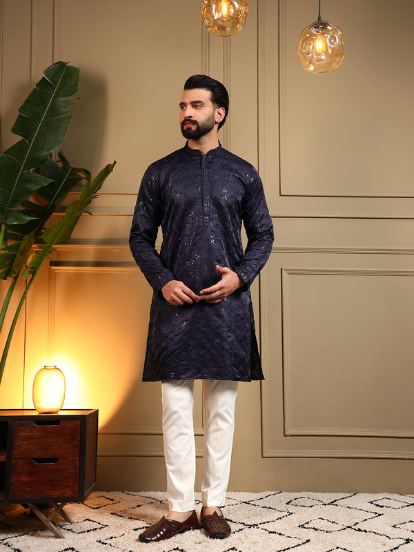 Men’s Royal Silk Sequence Embroidered Kurta with Semi Cotton Chudidar