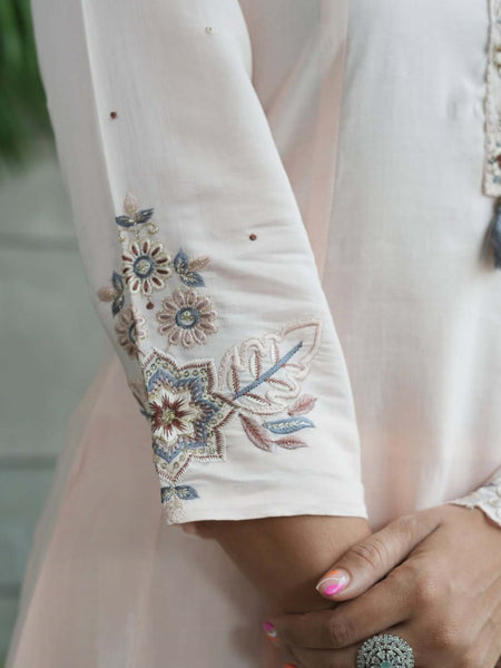 Women’s Muslin Cotton Embroidered Flared Kurta with Bottom & Dupatta Set