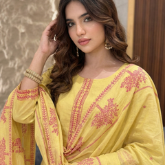 Women's Pure Cotton Jacquard Kurta With Pant & Cotton Dupatta Set