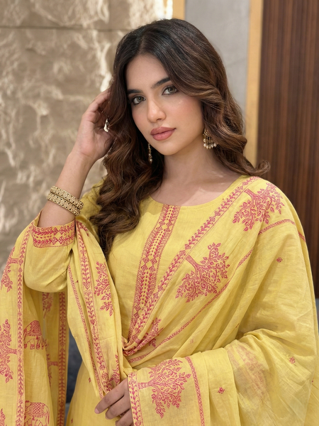 Women's Pure Cotton Jacquard Kurta With Pant & Cotton Dupatta Set