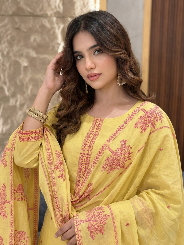 Women's Pure Cotton Jacquard Kurta With Pant & Cotton Dupatta Set