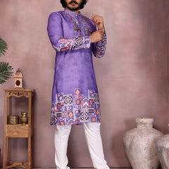 Men’s Heavy Khadi Cotton Printed Kurta with Embroidered Neck & Pyjama