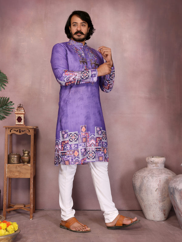 Men’s Heavy Khadi Cotton Printed Kurta with Embroidered Neck & Pyjama