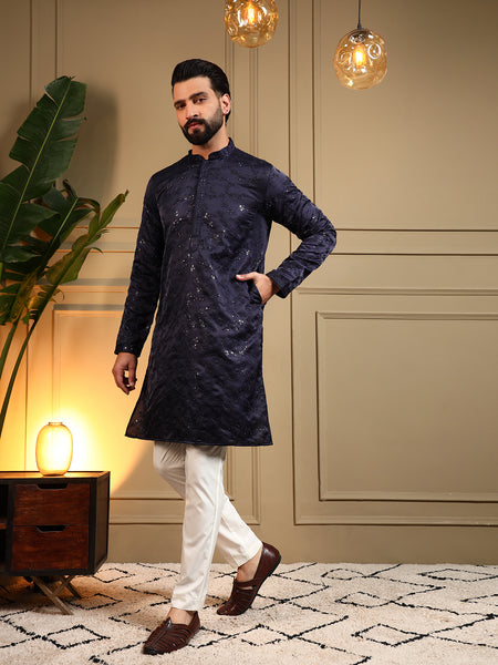 Men’s Royal Silk Sequence Embroidered Kurta with Semi Cotton Chudidar