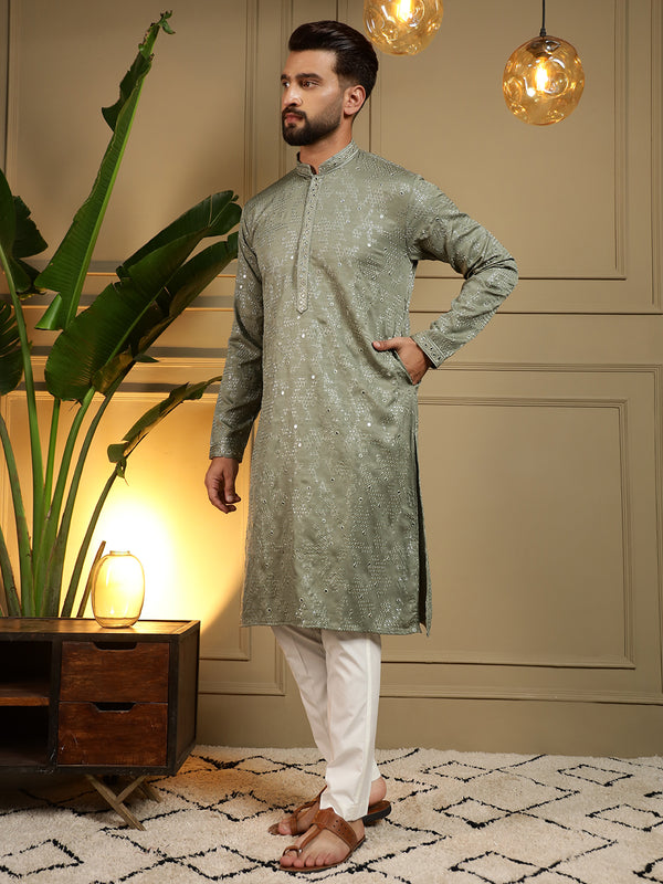 Men’s Heavy Khadi Cotton Mirror Work Kurta with Semi Cotton Chudidar