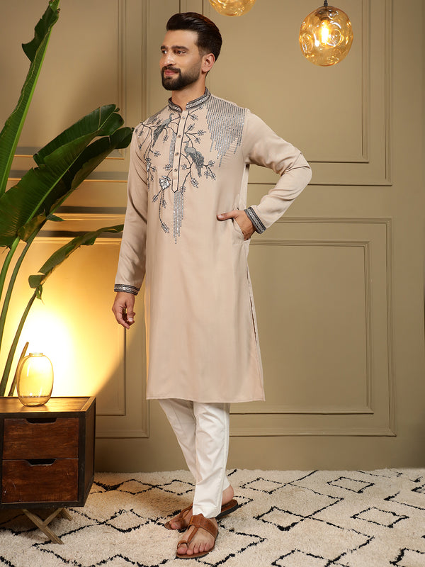 Men’s Viscose Silk Embroidered Kurta with Semi Cotton Chudidar