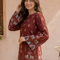 Women’s Maroon Cotton Kalamkari Bell Sleeve Tunic