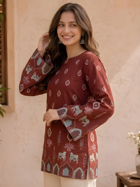Women’s Maroon Cotton Kalamkari Bell Sleeve Tunic