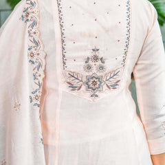 Women’s Muslin Cotton Embroidered Flared Kurta with Bottom & Dupatta Set