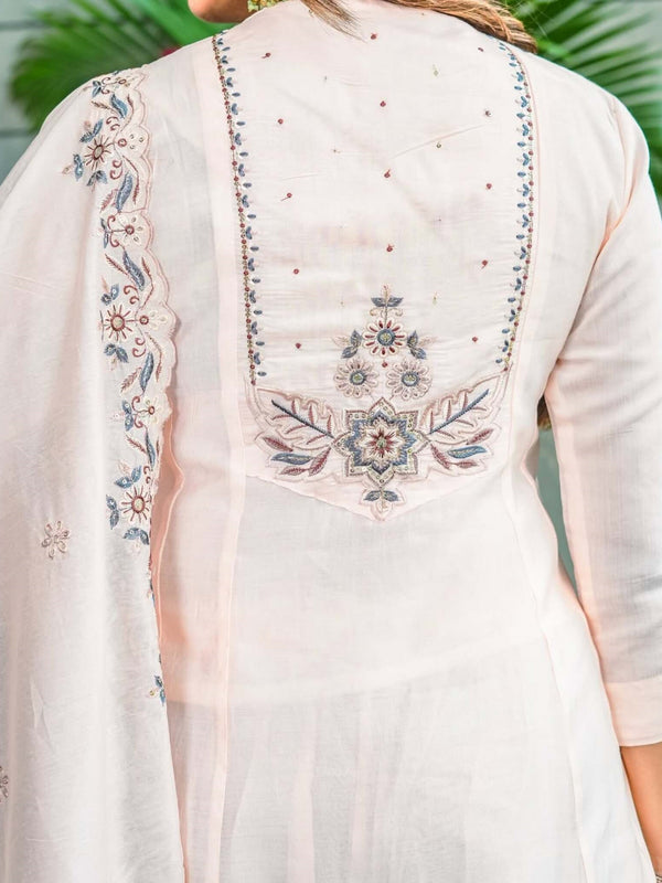 Women’s Muslin Cotton Embroidered Flared Kurta with Bottom & Dupatta Set