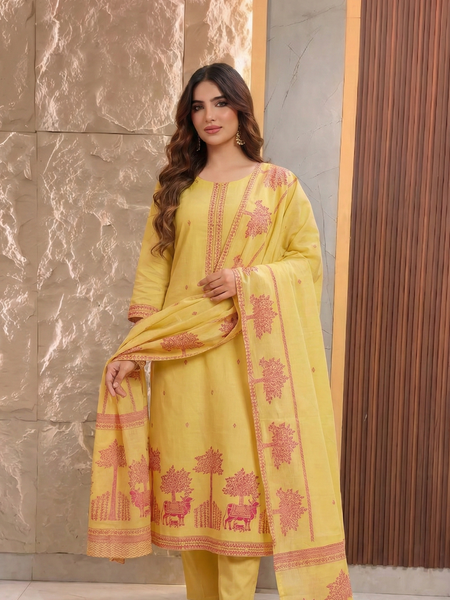 Women's Pure Cotton Jacquard Kurta With Pant & Cotton Dupatta Set