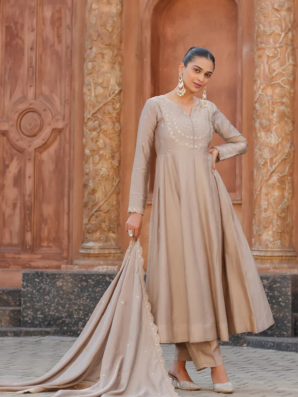 Women's Vichitra Silk Embroidered Kurta Palazzo & Dupatta Set