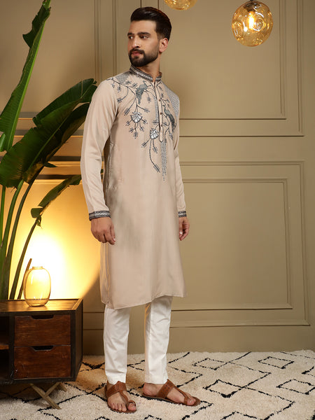 Men’s Viscose Silk Embroidered Kurta with Semi Cotton Chudidar