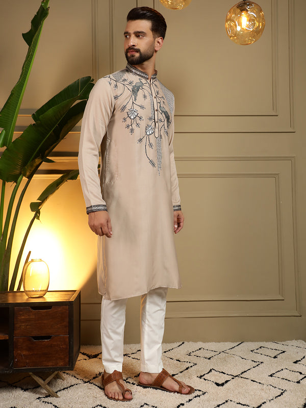 Men’s Viscose Silk Embroidered Kurta with Semi Cotton Chudidar