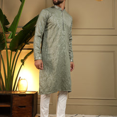 Men’s Heavy Khadi Cotton Mirror Work Kurta with Semi Cotton Chudidar