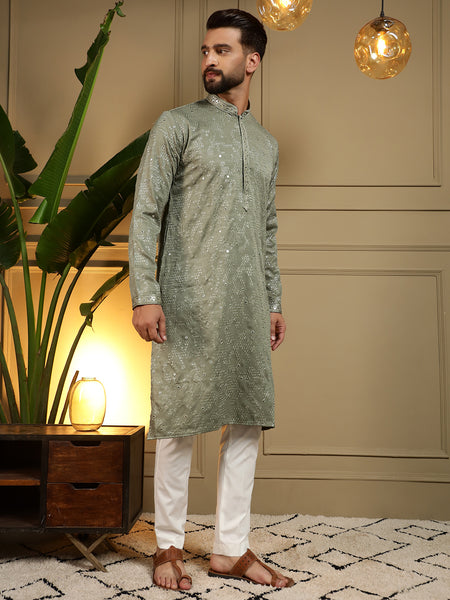 Men’s Heavy Khadi Cotton Mirror Work Kurta with Semi Cotton Chudidar