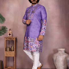 Men’s Heavy Khadi Cotton Printed Kurta with Embroidered Neck & Pyjama