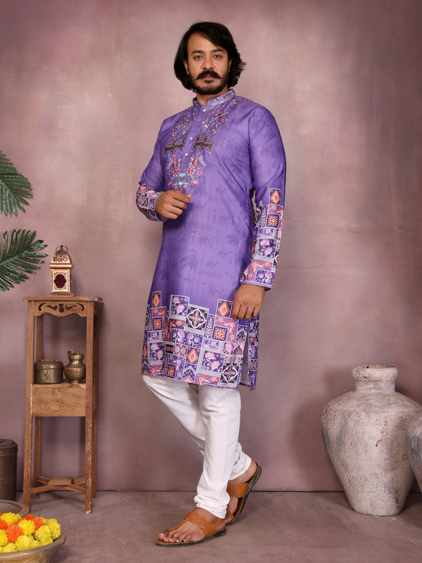 Men’s Heavy Khadi Cotton Printed Kurta with Embroidered Neck & Pyjama