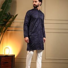 Men’s Royal Silk Sequence Embroidered Kurta with Semi Cotton Chudidar
