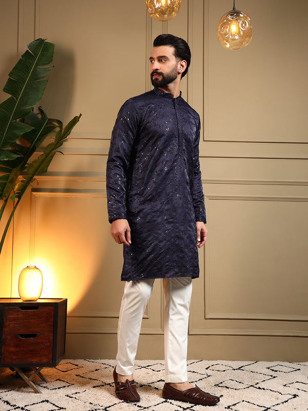 Men’s Royal Silk Sequence Embroidered Kurta with Semi Cotton Chudidar
