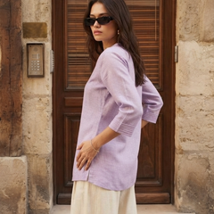 Women’s Lavender Linen Cotton Embroidered Split V-Neck Top