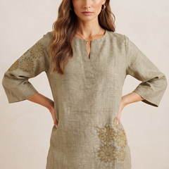 Women’s Olive Green Linen Cotton Embroidered Split V-Neck Top