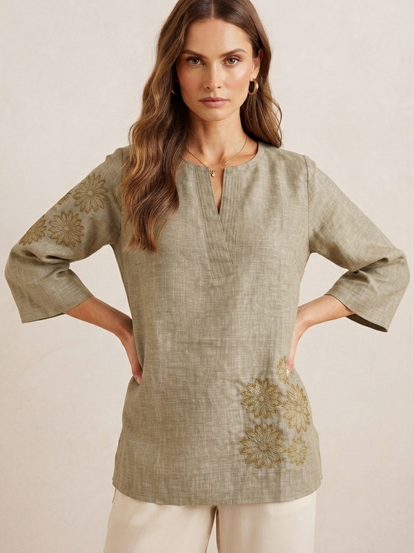 Women’s Olive Green Linen Cotton Embroidered Split V-Neck Top