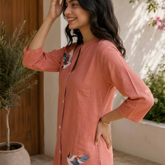 Women’s Coral Orange Cotton Floral Printed Shirt Style Tunic