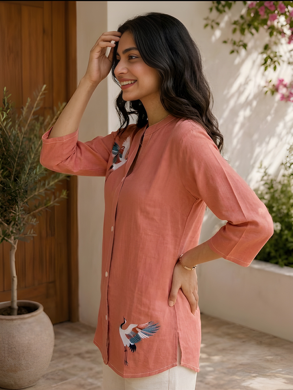 Women’s Coral Orange Cotton Floral Printed Shirt Style Tunic