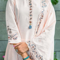 Women’s Muslin Cotton Embroidered Flared Kurta with Bottom & Dupatta Set