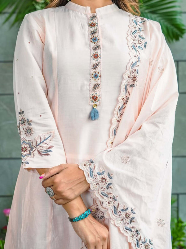 Women’s Muslin Cotton Embroidered Flared Kurta with Bottom & Dupatta Set