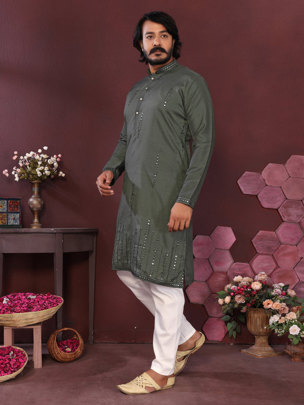 Men’s Premium Smart Silk Mirror Work Kurta with Raymond Cotton Pyjama