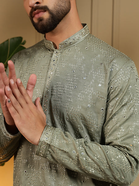 Men’s Heavy Khadi Cotton Mirror Work Kurta with Semi Cotton Chudidar
